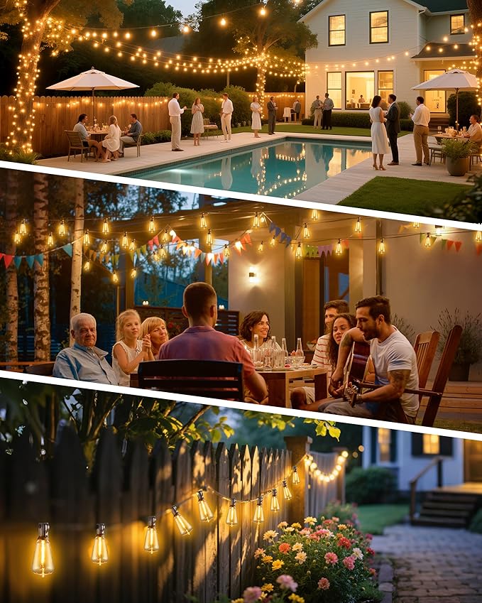 Patio String Lights Plug in 50FT LED Outdoor String Lights with IP65 Waterproof 27 Bulbs, Connectable Dimmable Edison ST38 Outside Lights for Garden, Yard, Porch, Backyard, Deck, Home Decor