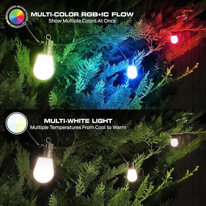 Monster 48 Foot Outdoor Smart RGB+IC+WW String Lights, 24 Bulb Individually Controlled Dimmable LEDs, Sound Reactive, Water & Weather Resistant, Compatible with Alexa, Siri, Google Home, App
