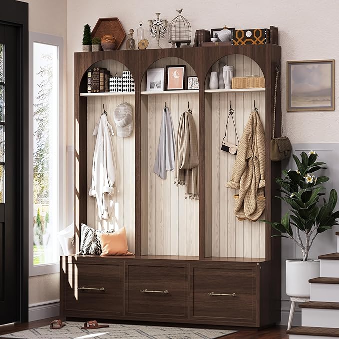 Bellemave Farmhouse Hall Tree with Bench and 3 Drawers, Entryway Bench with Coat Racks and Shoe Storage, 4 Hooks and Shelves (Walnut)