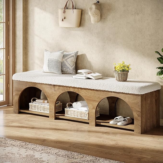 Tribesigns 63" Upholstered Entryway Bench, 2-Tier Entry Shoe Bench with Cushion and Storage Shelf, Farmhouse Padded Bench for Bedroom, Hallway, Foyer, Wood Color