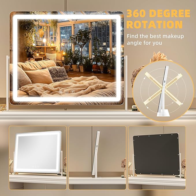 Large Vanity Mirror with Lights 34'' x 25.6'' - Touch Screen Hollywood Makeup Mirror, 3 Color Modes + Dimmable LED Lighting, Premium Aluminum Frame for Dressing Table