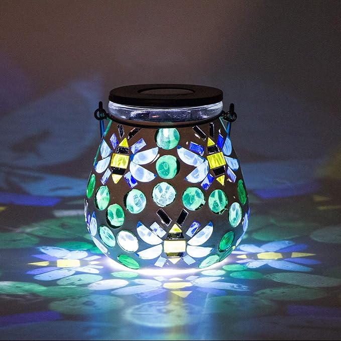 Afirst Mosaic Outdoor Lanterns - Glass Solar Hanging Lights Bee Hollow Out Waterproof Outdoor Decorative for Garden, Patio, Holiday Party Outdoor Decoration