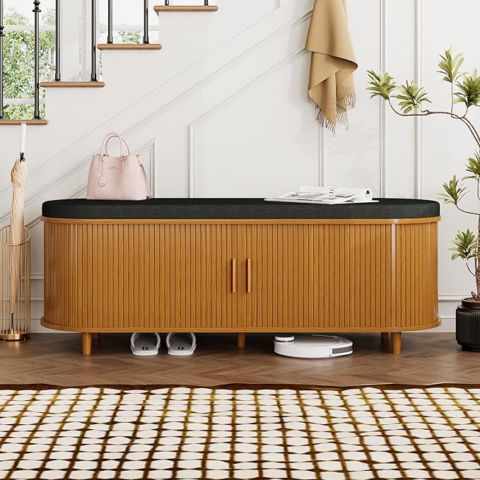 Entryway Bench with Storage: 51.2" Wooden Bedroom Shoe Bench with Thickened Padded Seat Cushion, Mid Century Modern Fluted Sliding Door and Adjustable Shelf, for Entryway, Living Room