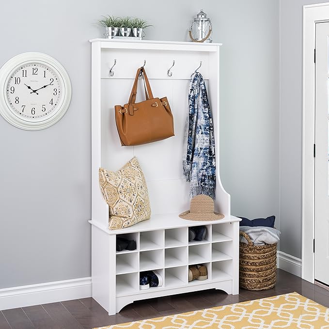 Prepac Entryway Organizer, Coat Rack, Hall Tree features 4 Hooks for Coat Storage, & Hanging Bags; Furniture for Entryway with Bench & 15 Cubbies for Shoe Storage, 38” W x 68” H x 15.5” D, White