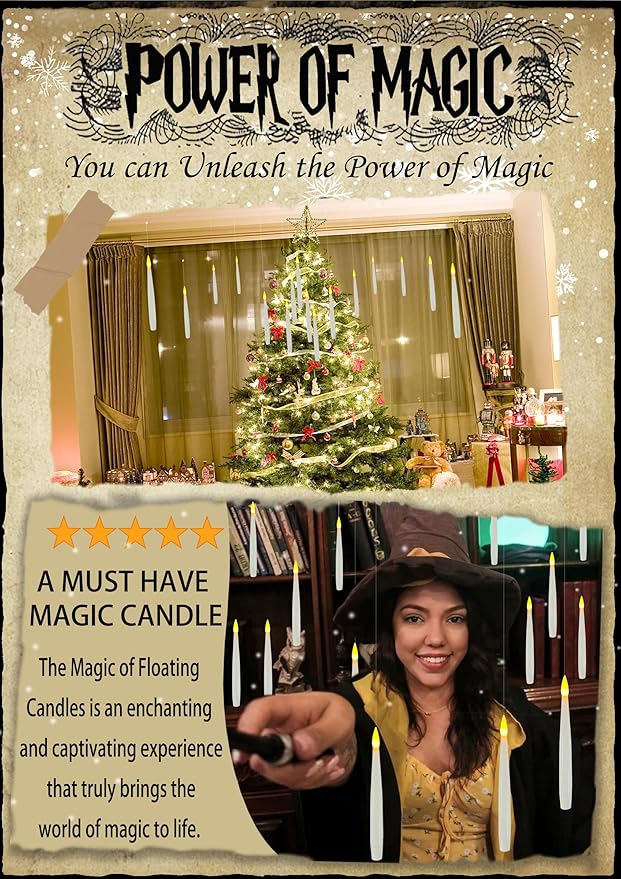 Floating Candles with Wand, 12PCs Magic Hanging Candles with 13 AAA Battery, Flickering Warm Light Flameless LED Candle with Wand Remote, Window Taper Candle Set for Christmas Gift Theme Party