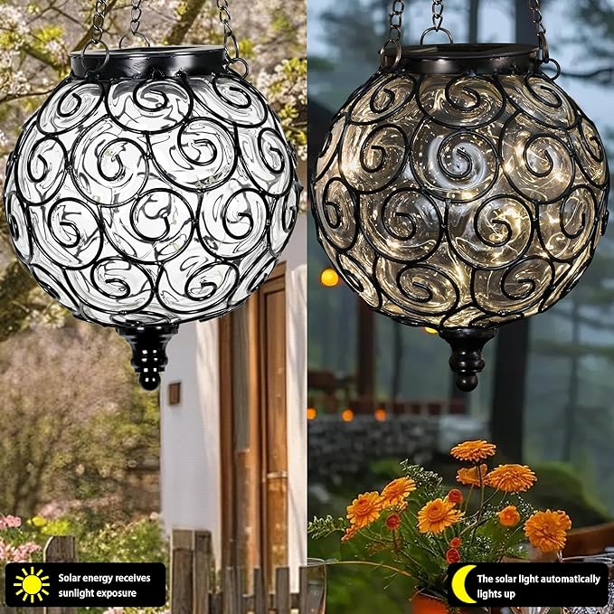 Solar Hanging Lantern Outdoor Garden Lights, Round Glass and Metal Hanging Lantern, 15 Firefly LED Lights, 7 x 20 Inch (Clear)