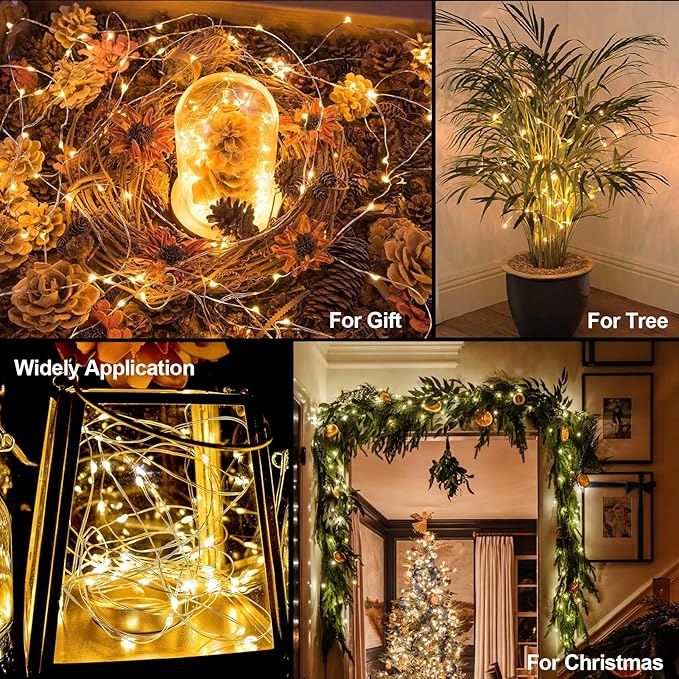 Fairy Lights Battery Operated 16.4Ft 50 LED Silver Copper Wire Twinkle Lights with 5 Lighting Modes for Christmas Bedroom Wedding Dorm Party Holiday Yard Decoration (Warm White)