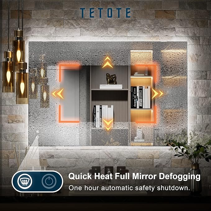 TETOTE 24 x 36 Inch LED Mirror Backlit Bathroom,Anti-Fog Mirror with Light,Dimmable,CRI90+,IP54 Water Proof,Wall Mounted Vanity Lighted,Horizontal/Vertical
