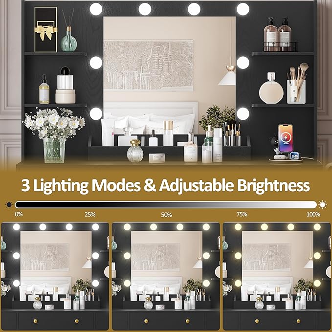 Vanity Desk with Mirror and Lights, Large Makeup Vanity Set with Power Outlet & RGB Glass Cabinet, 3 Drawers, Black Vanity Mirror with Lights Dressing Table for Girls Women, 3 Color Modes