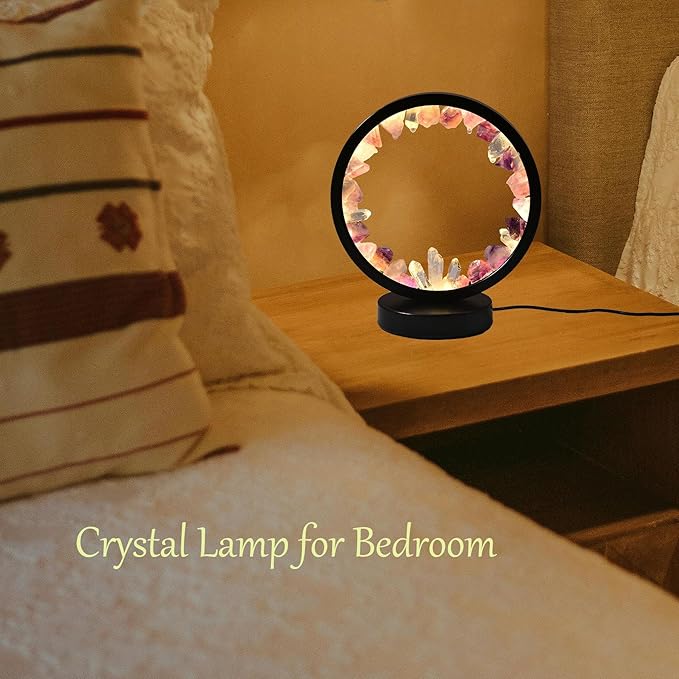 AMOYSTONE Natural Purple Fluorite Crystal Night Light, USB Rechargeable 3-Color Adjustable Lamp 7.5", Bedside Meditation Lamp for Bedroom Office Home Decor