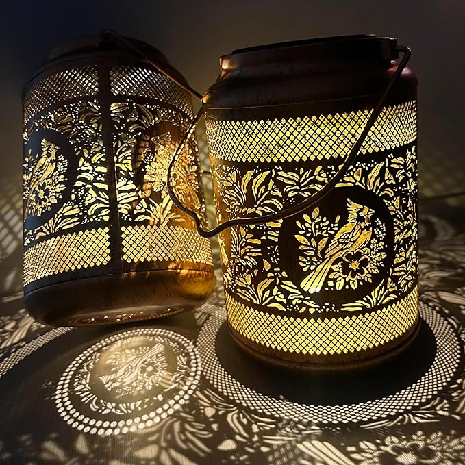 Solar Lantern with Hollow Metal Design, Garden Hanging Light, Copper Color for Outdoor Yard,Patio,Garden Decor (2)