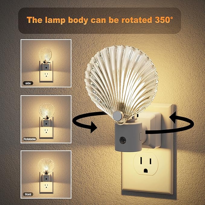 JandCase Night Light, Night Lights Plug into Wall, 2 Pack Dusk to Dawn Sensor Seashell Nightlights, 3000K Soft White Brightness Adjustable Nightlight for Kids Bedroom Hallway Kitchen