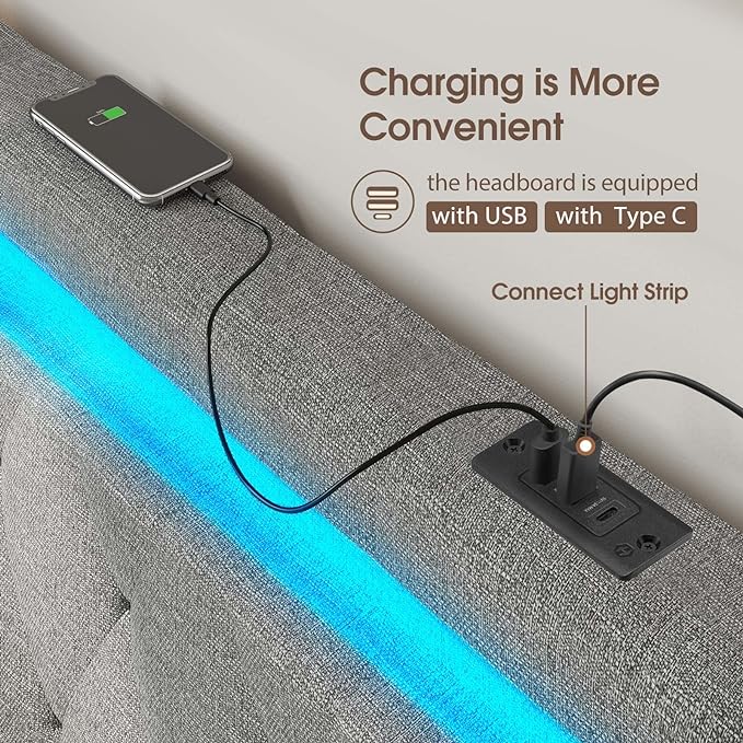 GREENSTELL Headboard for Full Size Bed with 60,000 DIY Color of LED Light, USB & Type C Post, Attach Frame, Height Adjustable, Gray Wall Mounted Head Boards Only, Sturdy & Stable, Comfortable, Full
