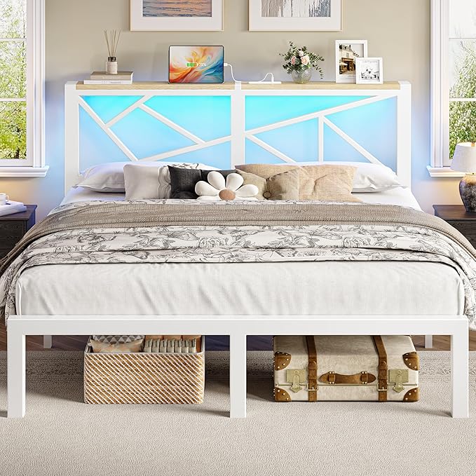 King White Metal Bed Frame with USB Charging Station, LED Ambient Lighting, and Wooden Storage Headboard - Includes Under-Bed Storage, No Box Spring Needed, Noise Free, Easy to Assemble