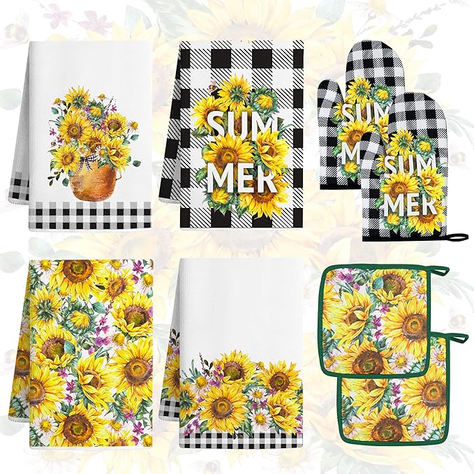 8 Pcs Sunflower Plaid Kitchen Towels and Dishcloths Sets - Pot Holders and Oven Mitts Set Kitchen Accessories 4 Dish Towels 2 Absorbent Square Potholders for Cooking Baking Farmhome Gifts