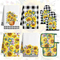 8 Pcs Sunflower Plaid Kitchen Towels and Dishcloths Sets - Pot Holders and Oven Mitts Set Kitchen Accessories 4 Dish Towels 2 Absorbent Square Potholders for Cooking Baking Farmhome Gifts