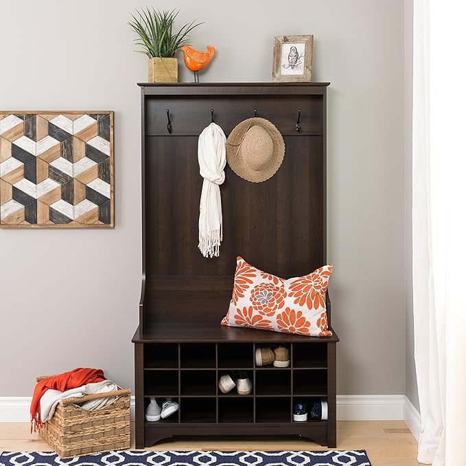 Prepac Entryway Organizer, Coat Rack, Hall Tree with 4 Hooks, Bench, 15 Cubbies for Shoe Storage, 38" W x 68" H x 15.5" D, Espresso