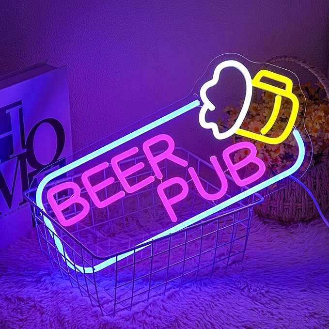 Beer Pub Neon Sign for Wall Decor,Dimmable Bar Neon Light,USB Powered Beer Led Light Up Sign for Man Cave,Home Bar,Store,Cafe,Pub,Club Party