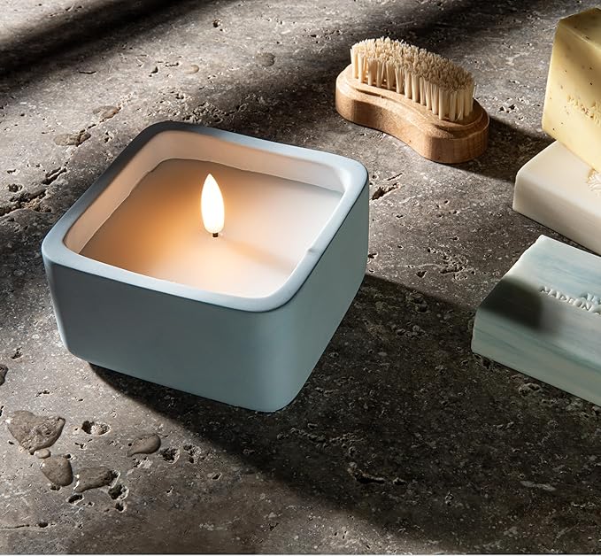 Square Flameless Candles (Blue) - LED Flickering Fake Candles - Made of Real Wax in a Cement Base - an Ideal Gift.