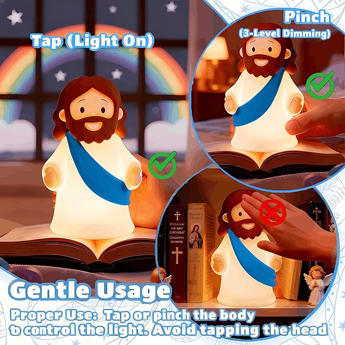 Little Jesus Night Light Mini Jesus Silicone Lamp Dimmable Nursery Nightlight for Kids Rechargeable Bedside Touch Lamp Perfect for Christmas, Easter and Baptism Gifts (Blue)