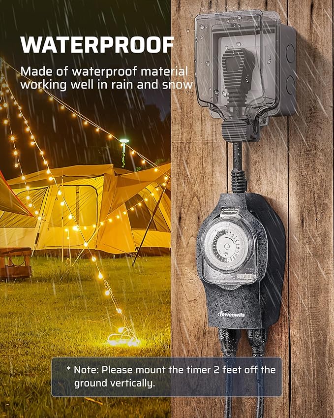 DEWENWILS 1 Pack Mechanical Light Timer for Outdoor Lighting, 24-Hour Plug in Timers, Heavy Duty Programmable Timer Switch with 2 Grounded Outlets for String Lights, 15A 1/2HP UL Listed