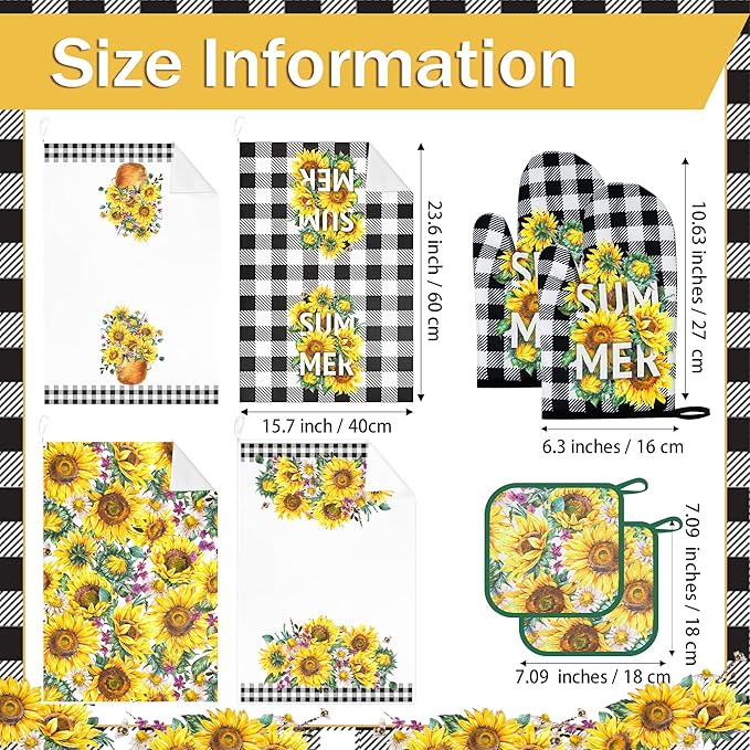 8 Pcs Sunflower Plaid Kitchen Towels and Dishcloths Sets - Pot Holders and Oven Mitts Set Kitchen Accessories 4 Dish Towels 2 Absorbent Square Potholders for Cooking Baking Farmhome Gifts