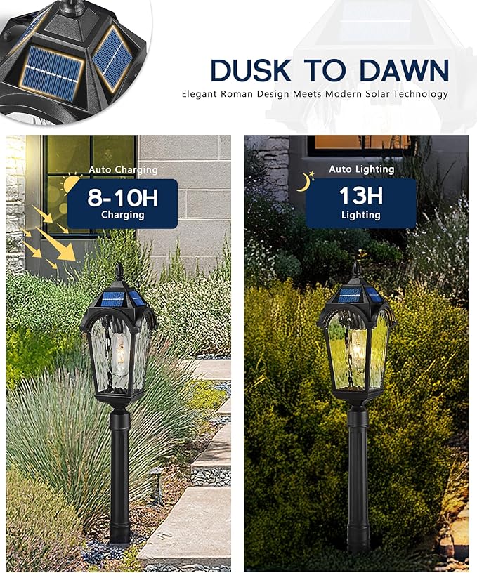 FEMILA Solar Post Lights Outdoor, 35.8" Aluminum Glass Outdoor Pathway Lights, Dusk to Dawn Solar Landscape Light with Remote Control for Yard Garden Driveway, 4FYX92GL-SL BK
