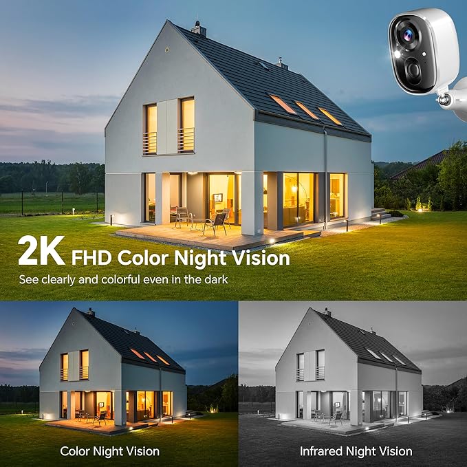 Security Camera Wireless Outdoor 2K Battery Powered Color Night Vision WiFi Waterproof Surveillance Camera 2 Way Talk Motion Detection Spotlight Alarm SD/Cloud Storage for Home Security Indoor Kid Pet