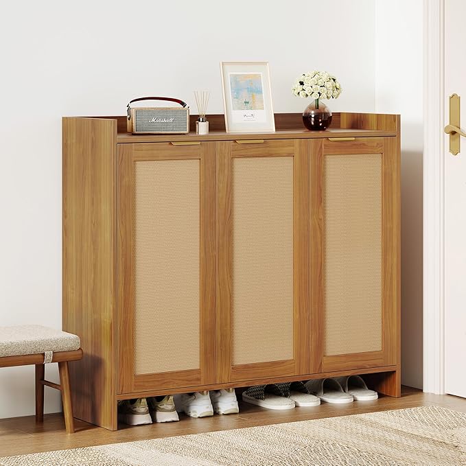 Shoe Cabinet, 41" Tall Rattan Shoe Storage Organizer Cabinet, Adjustable Shelves, 6-Tier Farmhouse Boho Wooden Storage Cabinet for Entryway Hallway Closet Bedroom,Oak