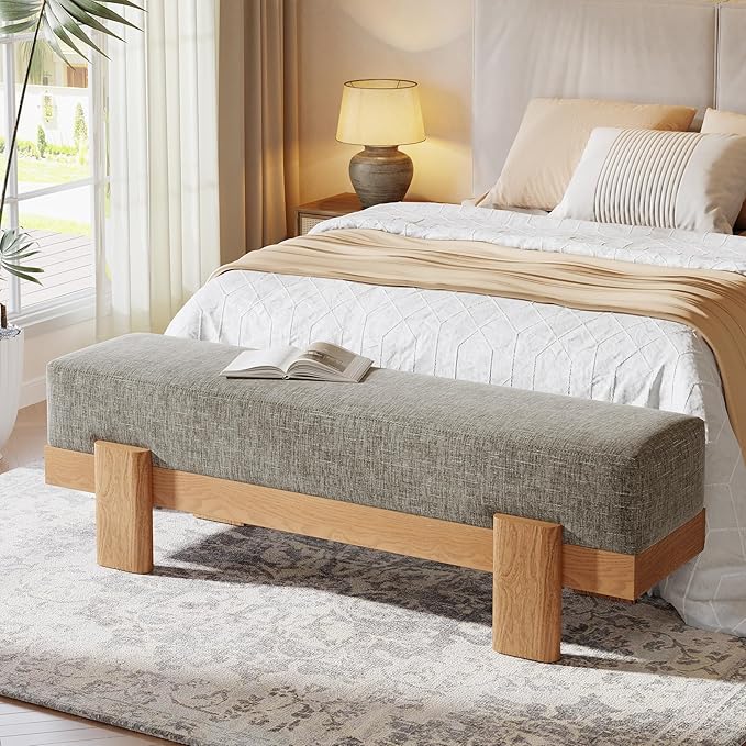 Tribesigns 55-Inch Upholstered Entryway Bench, Modern Shoe Bench with Ultra-Plush Thick Cushion and MDF Frame, End of Bed Stool Long Ottoman for Entrance, Living Room (Gray & Oak)