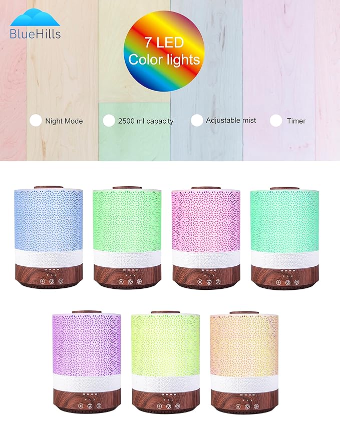BlueHills Premium Set of Two Large 2500 ML and 4000 ML XL Essential Oil Diffusers Humidifier Combo for Large Room Home with Décor Cover LED Lights Great Gift – Value Pack of Dark Wood Grain.