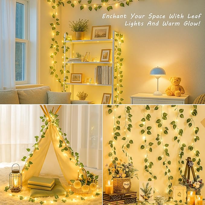 YOUNGAR Pothos Vines with Fairy Lights,Leaf String Warm White Lights Battery/USB Operated,23FT 73LED Fake for Bedroom Wall Room Wedding Birthday Garden Party Wall Room Decor