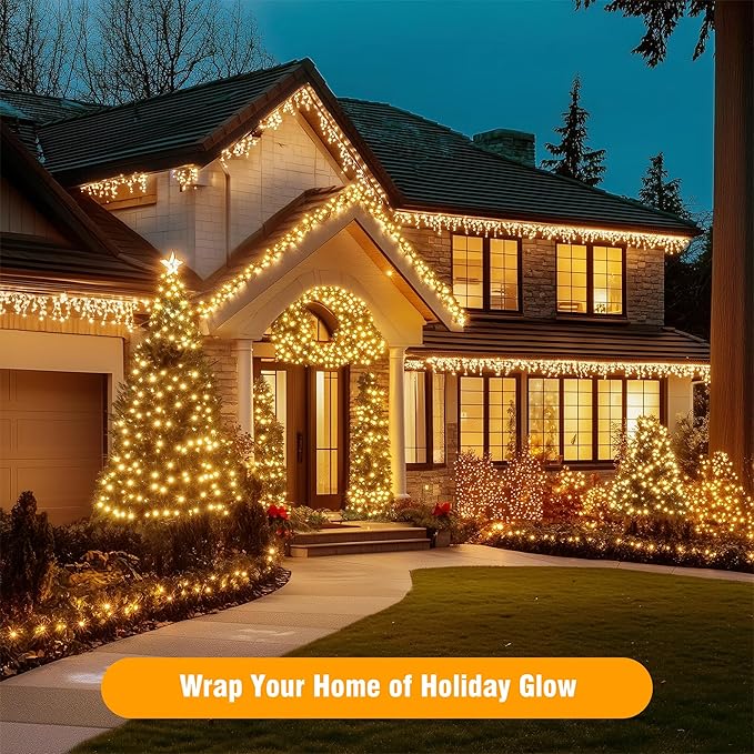 Connectable Christmas String Lights 66FT 200 LED 8 Modes with Timer Decorative String Lights for Xmas Tree Patio Party Warm White