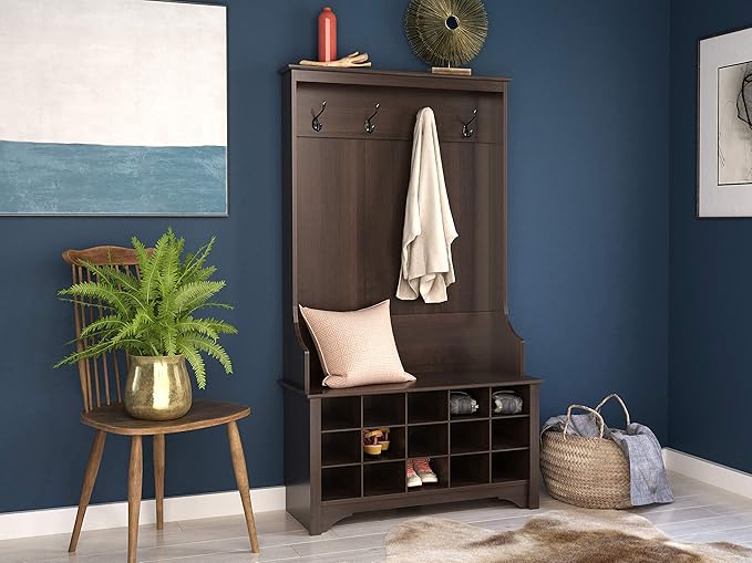 Prepac Entryway Organizer, Coat Rack, Hall Tree with 4 Hooks, Bench, 15 Cubbies for Shoe Storage, 38" W x 68" H x 15.5" D, Espresso