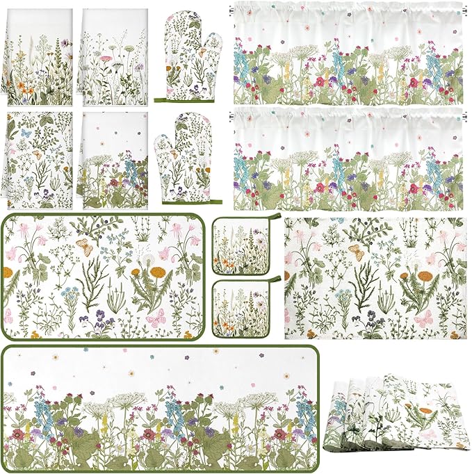 Fourluoo 16 Pcs Wildflower Floral Kitchen Decor Set Spring Kitchen Towels and Dishcloth Non Slip Rug Floor Mat Farmhouse Flower Oven Mitts and Pot Holder Retro Curtain Set for Home Decoration Gift