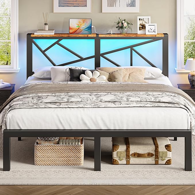 King Size Black Metal Bed Frame with USB Charging Station, LED Ambient Lighting, and Wooden Storage Headboard - Includes Under-Bed Storage, No Box Spring Needed, Noise Free, Easy Assembly
