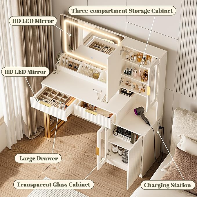45" Fluted Makeup Vanity Desk with Mirror and Lights, Makeup Desk with 5 Shelves& 2 Storage Cabinet, Vanity Table with Power Outlet, 3 Color Adjustable Lighting Dressing Table Set for Bedroom