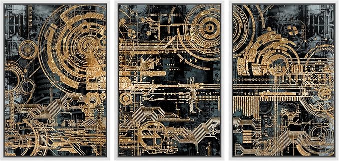 wall26 Framed Canvas Print Wall Art Set Electronic PC Motherboard Circuit Collage Abstract Technology Digital Art Modern Art Alternative Shapes for Living Room, Bedroom, Office - 24"x36"x3 White