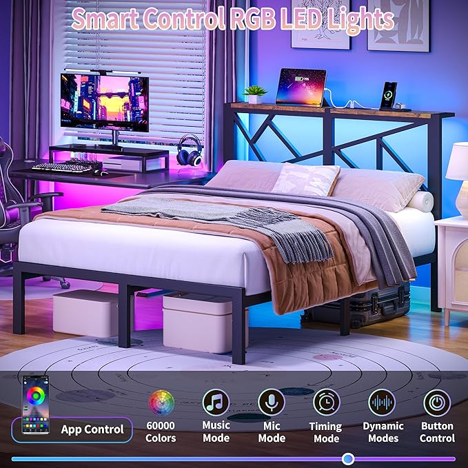 Queen Size Black Metal Bed Frame with USB Charging Station, LED Ambient Lighting, and Wooden Storage Headboard - Includes Under-Bed Storage, No Box Spring Needed, Noise Free, Easy Assembly