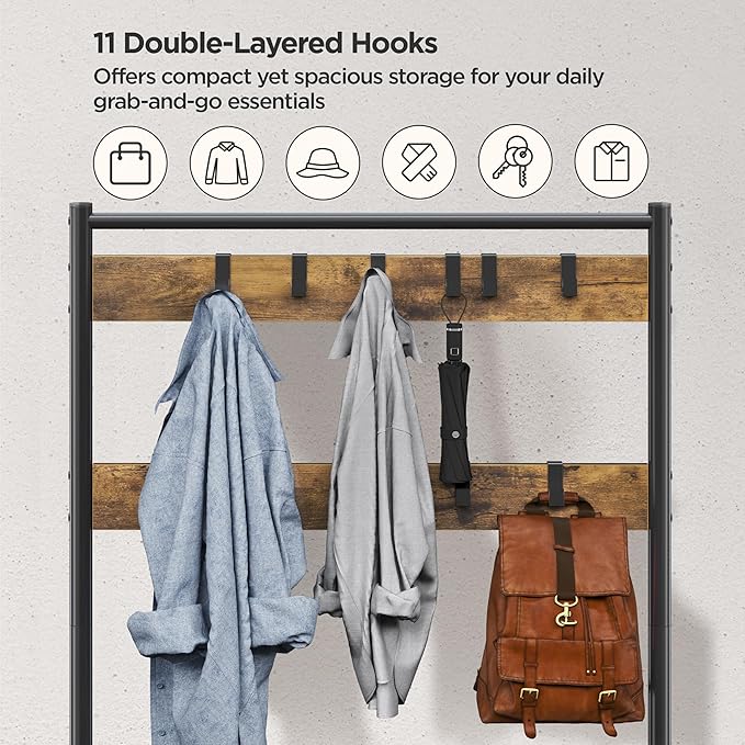 Yaheetech 3-in-1 Hall Tree, Coat Rack Shoe Bench with 11 Removable Hooks and Storage Metal Shelves, Industrial Entryway Storage Bench, Easy Assembly, 33.5× 13.5× 73 Inches, Rustic Brown