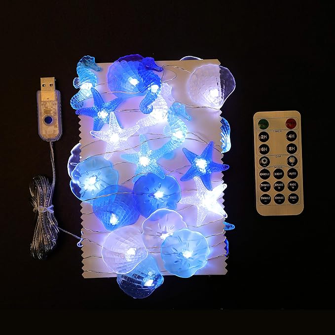Coastal String Lights, 17.5 Ft 36 Cold White LED Beach Decorative String Lights Seashell Seahorse Starfish Sand Dollars Fairy Lights for Bedroom Party Indoor Outdoor Decorations