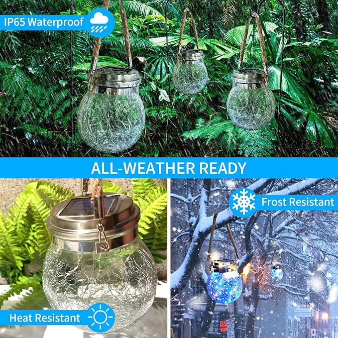 Hanging Outdoor Solar Lights,VGE 30LED Cracked Glass Ball Decorative Lights,Solar Powered Waterproof Landscape with Handle for Tree Yard Garden Patio Fence Holiday Decor(Multicolor)