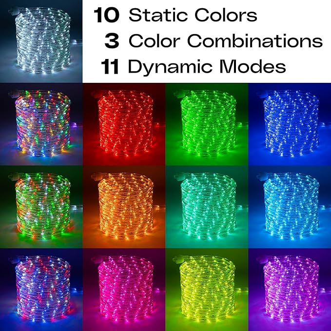 WYZworks 100ft 1152LEDs, 10 Color Changing Outside Rope Light 12-Modes w/Remote Controller, Outdoor ETL Certified Weatherproof Permanent 360 Degree Flexible Bend & Light Emitting Accent Lighting