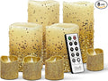 FURORA LIGHTING Gold Glitter LED Candles with Remote and Timer, 4 Pillars and 4 Votives Pack of 8, Real Wax Flameless Flickering Candles for Home Décor, Battery Included