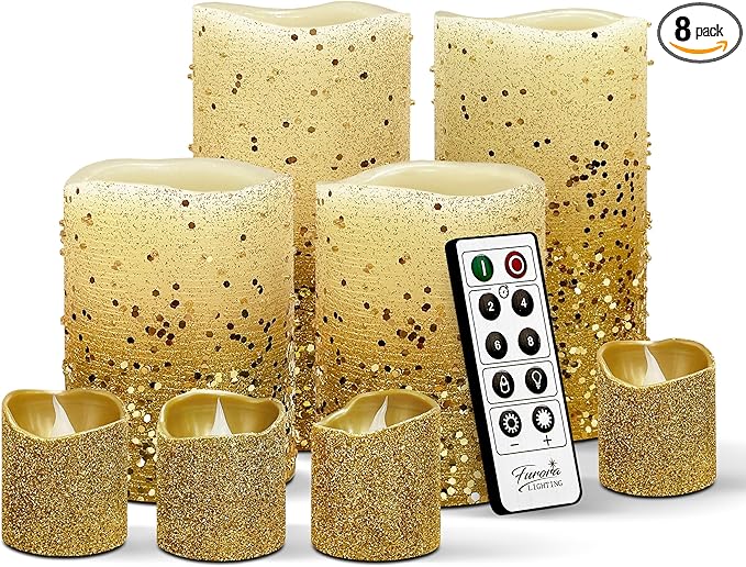 FURORA LIGHTING Gold Glitter LED Candles with Remote and Timer, 4 Pillars and 4 Votives Pack of 8, Real Wax Flameless Flickering Candles for Home Décor, Battery Included
