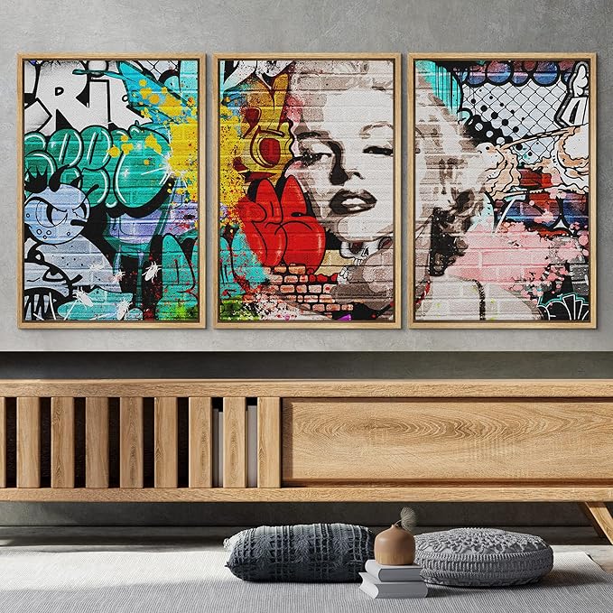 wall26 Framed Canvas Print Wall Art Set Urban High Contrast Marilyn Monroe Portrait Graffiti & Street Art People Illustrations Pop Art Colorful for Living Room, Bedroom, Office - 24"x36"x3 Natural