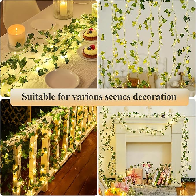 YOUNGAR Ivy Vines with Fairy Lights,Leaf String Warm White Lights Battery/USB Operated,23FT 73LED Fake for Bedroom Wall Room Wedding Birthday Garden Party Wall Room Decor