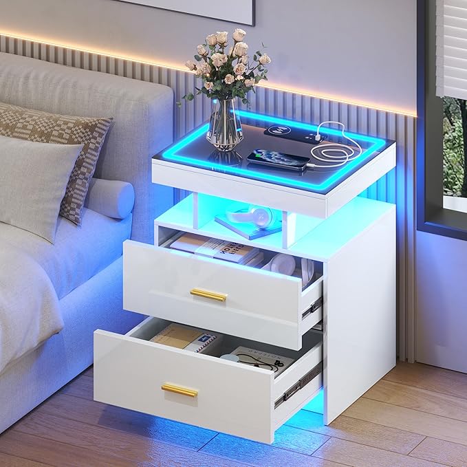 LED Nightstand Set 2 with Wireless Charging Station,White Night Stand with 2 Drawers,Glass Top Smart Bedside Table,Modern End Table Side for Bedroom,Living Room,Office