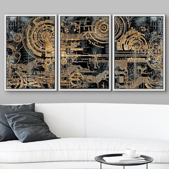 wall26 Framed Canvas Print Wall Art Set Electronic PC Motherboard Circuit Collage Abstract Technology Digital Art Modern Art Alternative Shapes for Living Room, Bedroom, Office - 24"x36"x3 White