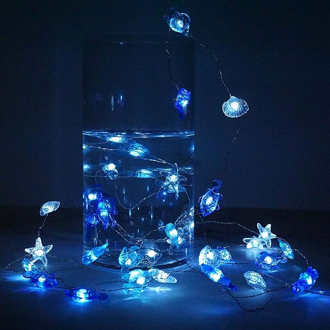 Decorman Sealife String Lights 14ft 40 LED 8 Modes Cool White Weatherproof Battery Operated Ocean Theme Lights for Bedrooms Parties Weddings Gardens with Remote and Timer